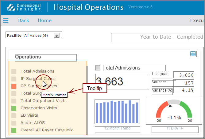 Placing a pointer on a Matrix portlet shows a tooltip.
