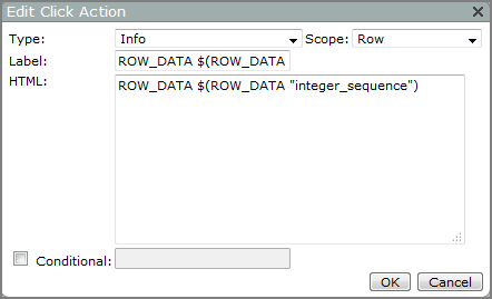 An Edit Click Action dialog box with type set to Info.