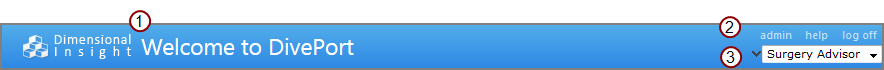 The header of a DivePort page with three number labels: 1 (near the DI logo), 2 (next to MY ACCOUNT), and 3 (next to the chevron).